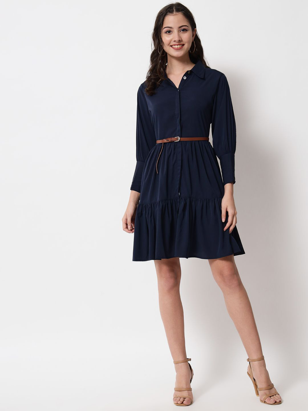 ARDITA Women Crepe Shirt Collar Cuffed Sleeves Shirt Mini Dress