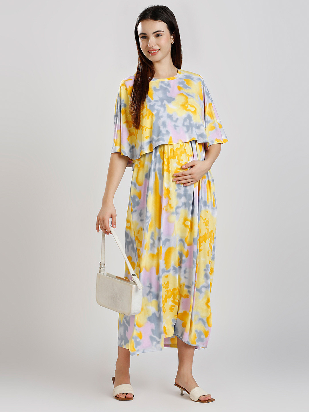 True Shape Women Tie Dye Maxi Maternity Night Gown With Attached Nursing Cover