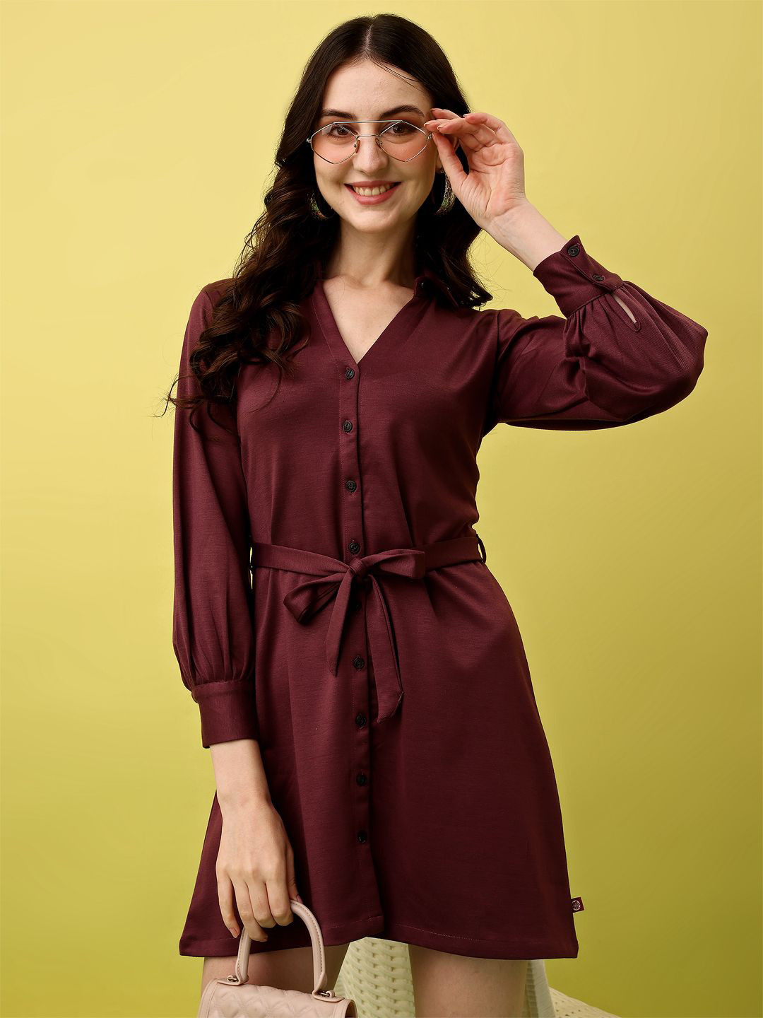 RAISIN Solid Shirt Collar Mini Shirt Dress