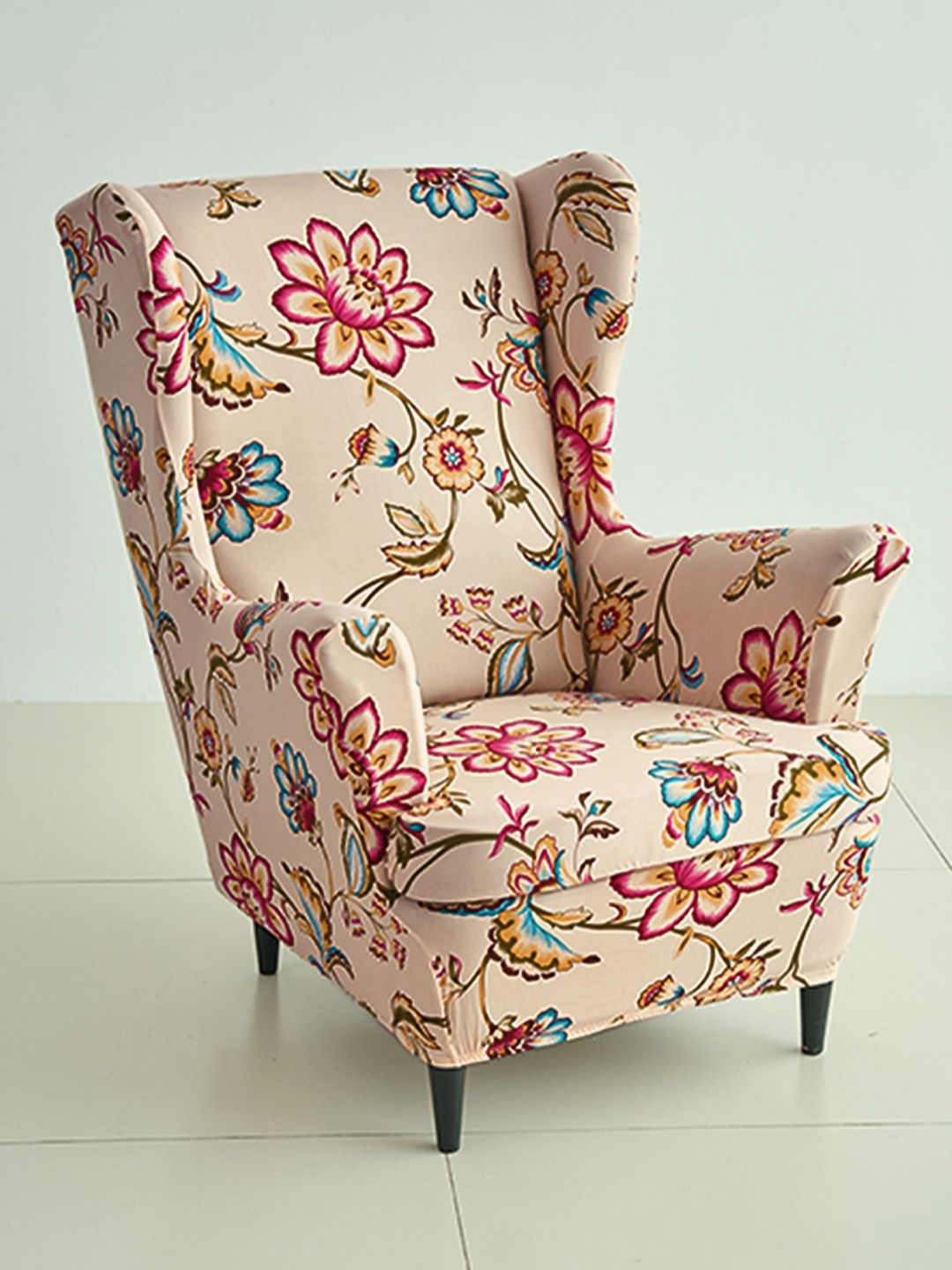 HOKIPO Beige Floral Printed 140 GSM Wing Chair Cover