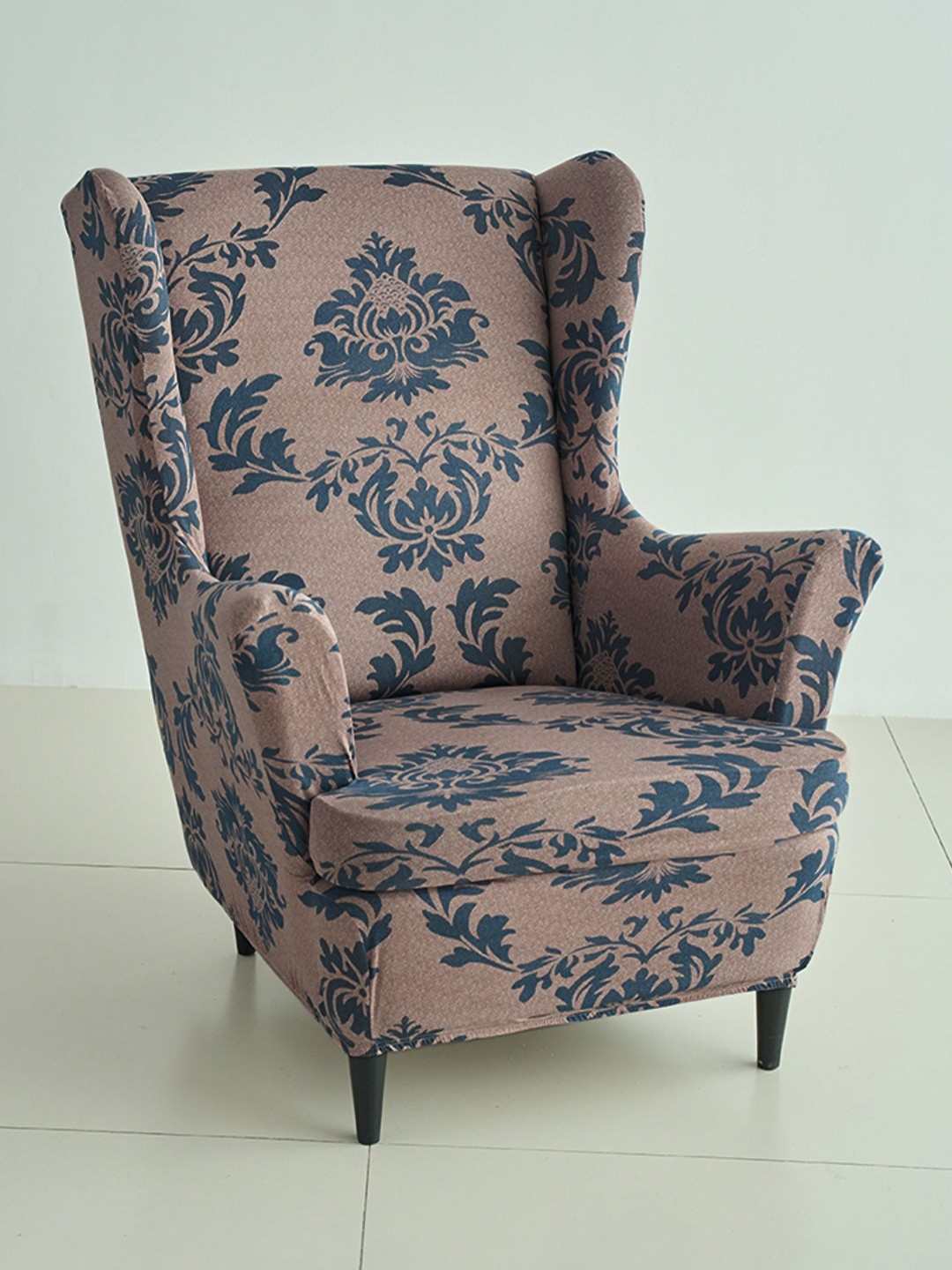 HOKIPO Grey & Brown Printed 140 GSM Wingback Chair Cover