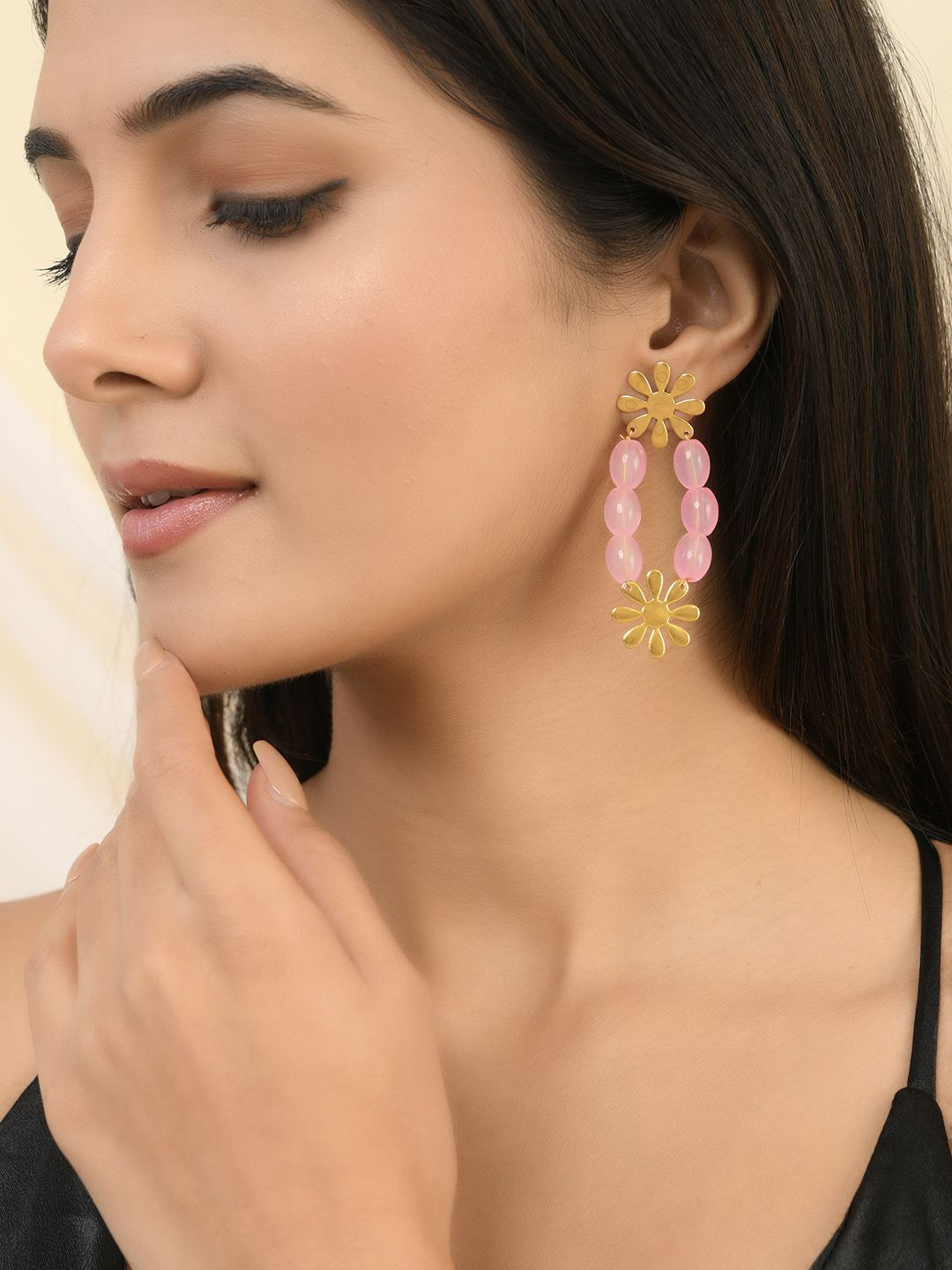 Silvermerc Designs Gold-Plated Flower Shape Beaded Drop Earrings