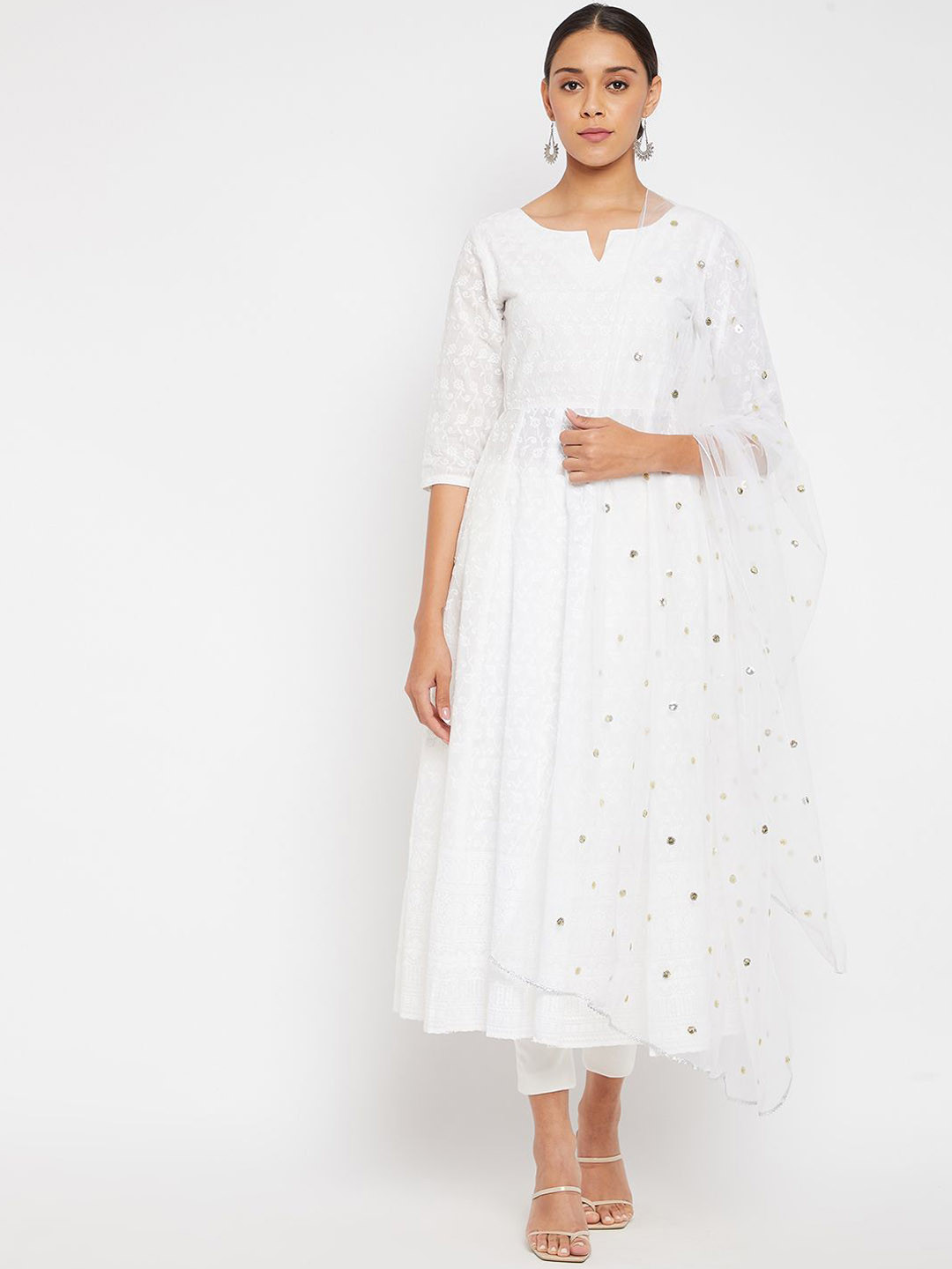 PANIT White Ethnic Motifs Embroidered Chikankari Anarkali Kurta With Trousers & Dupatta