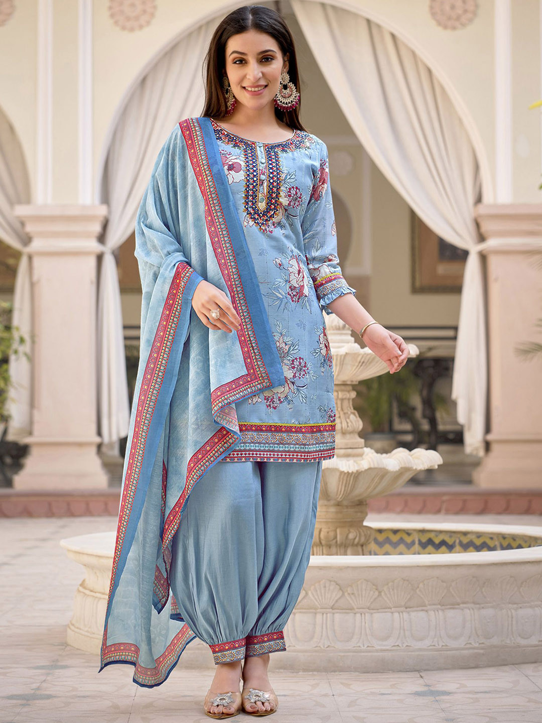 MOJILAA Floral Printed Mirror Work Straight Kurti with Salwar & Dupatta