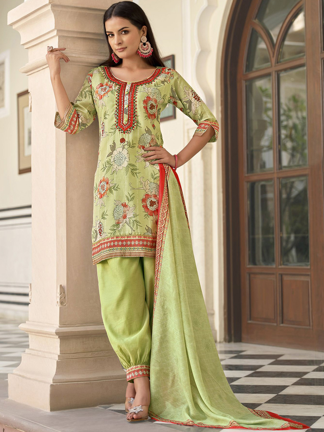 MOJILAA Floral Embroidered Regular Mirror Work Silk Chiffon Kurti with Salwar & Dupatta