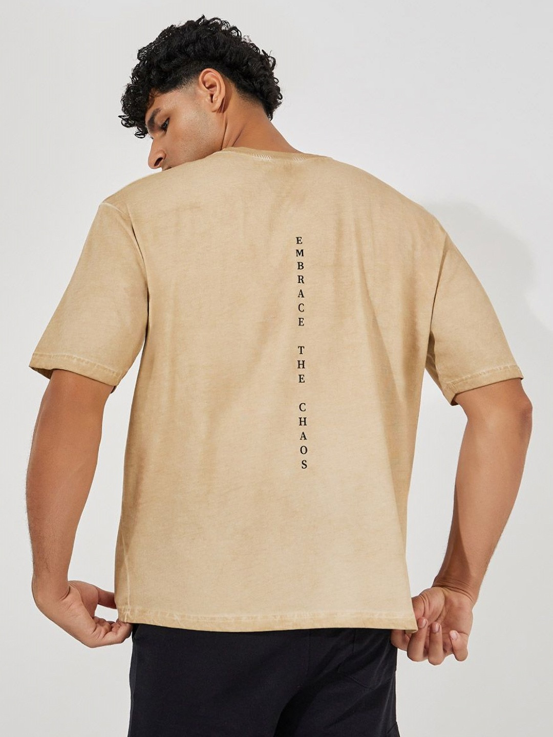 Styli Men Minimal Back Printed Overdyed Washed Cotton Oversized T-shirt