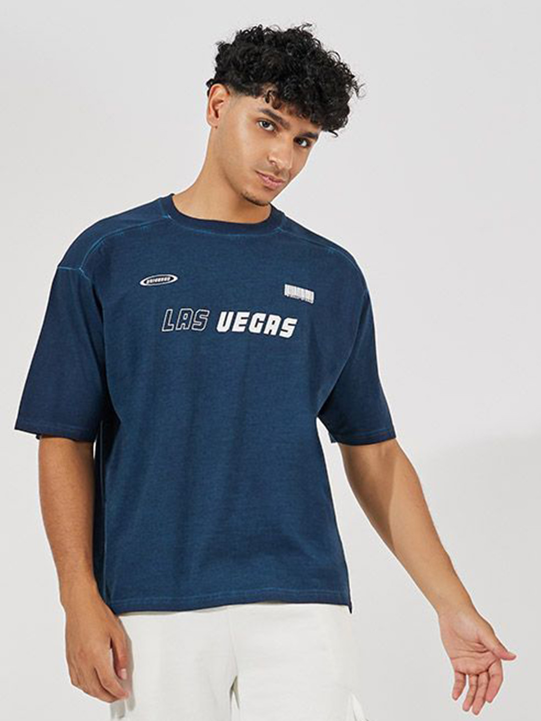 Styli Men Overdyed Washed Typography Printed Cotton Oversized T-shirt