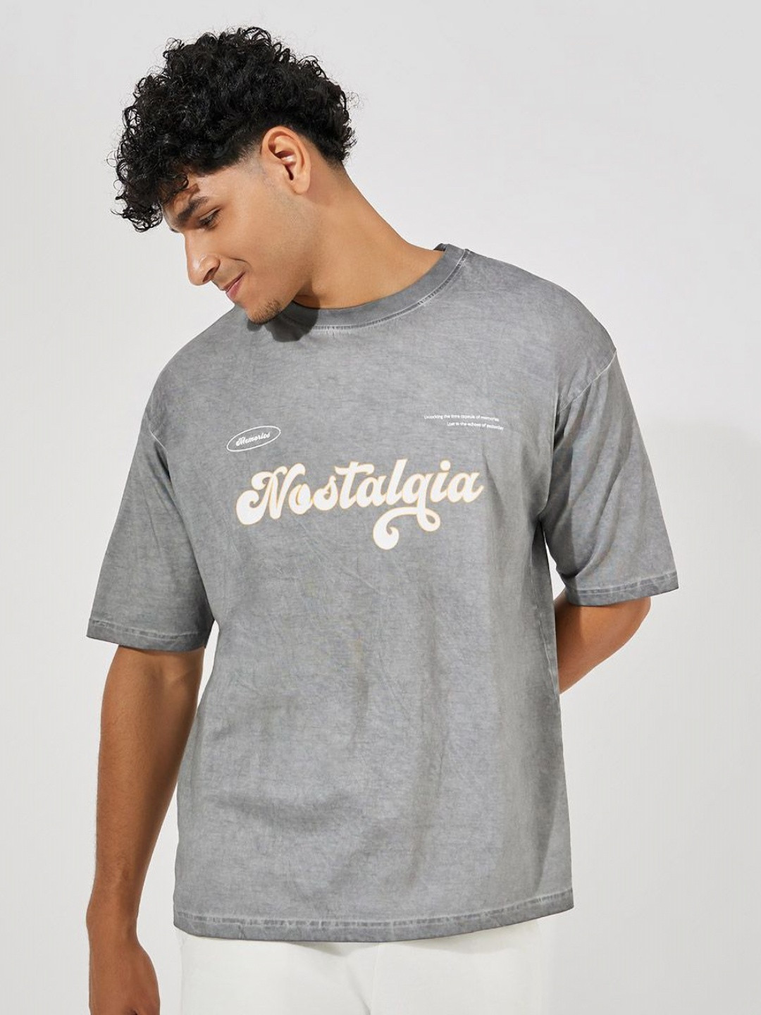 Styli Men Overdyed Washed Typography Printed Oversized T-shirt