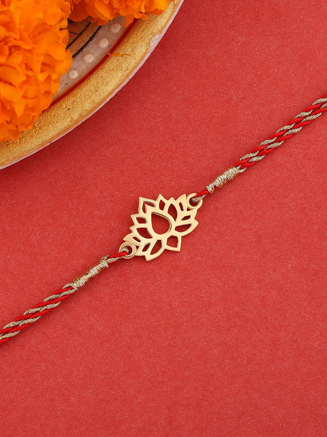 Ornate Jewels 925 Silver 18K Gold Plated Floral Charm Rakhi With Roli Chawal