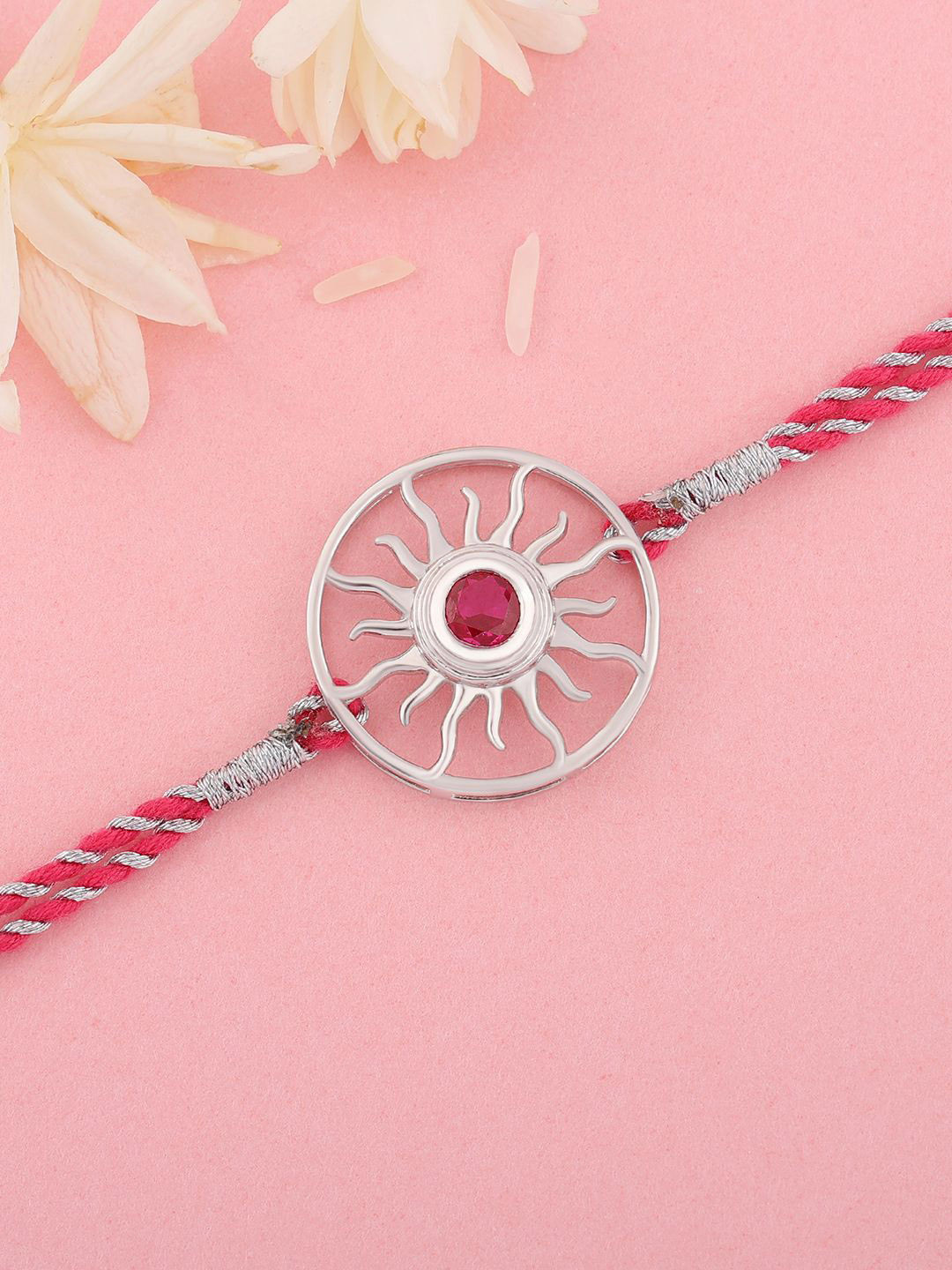 Ornate Jewels 925 Silver Ruby Sun Charm Thread Rakhi With Roli Chawal & Greeting Card