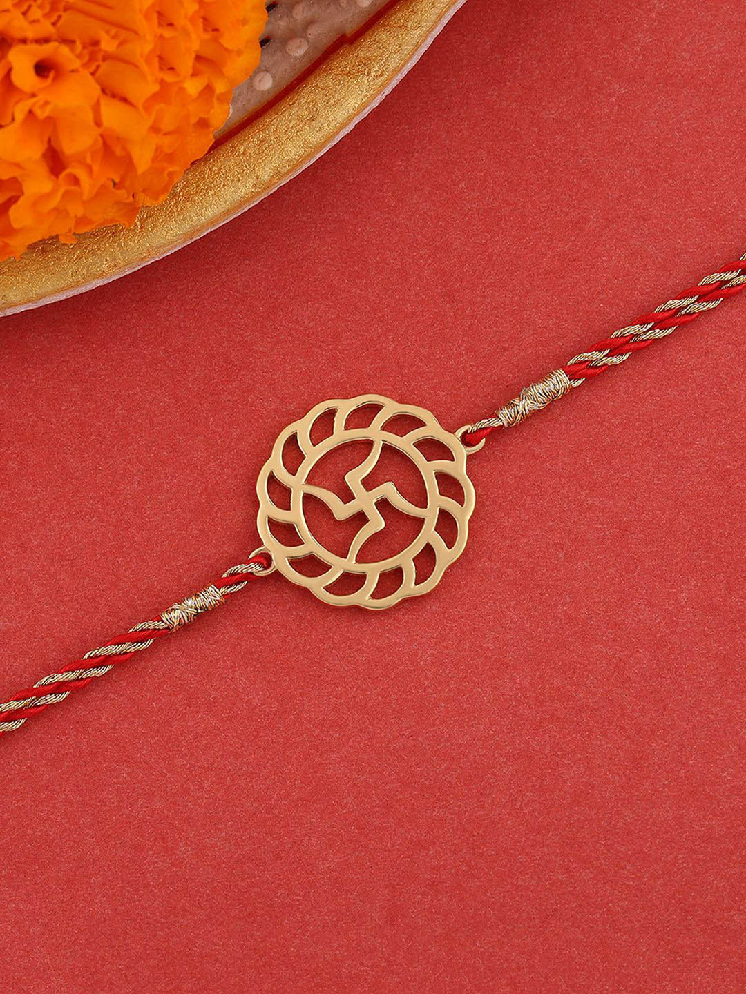 Ornate Jewels 925 Silver 18K Gold Plated Swastik Thread Rakhi With Roli Chawal