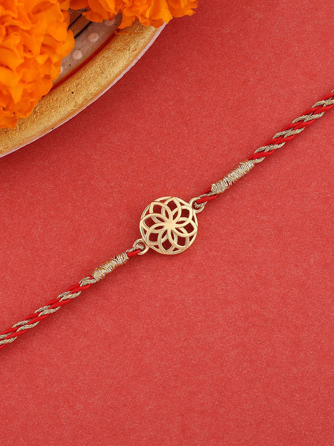Ornate Jewels 925 Silver 18K Gold Plated Floral Charm Thread Rakhi With Roli Chawal