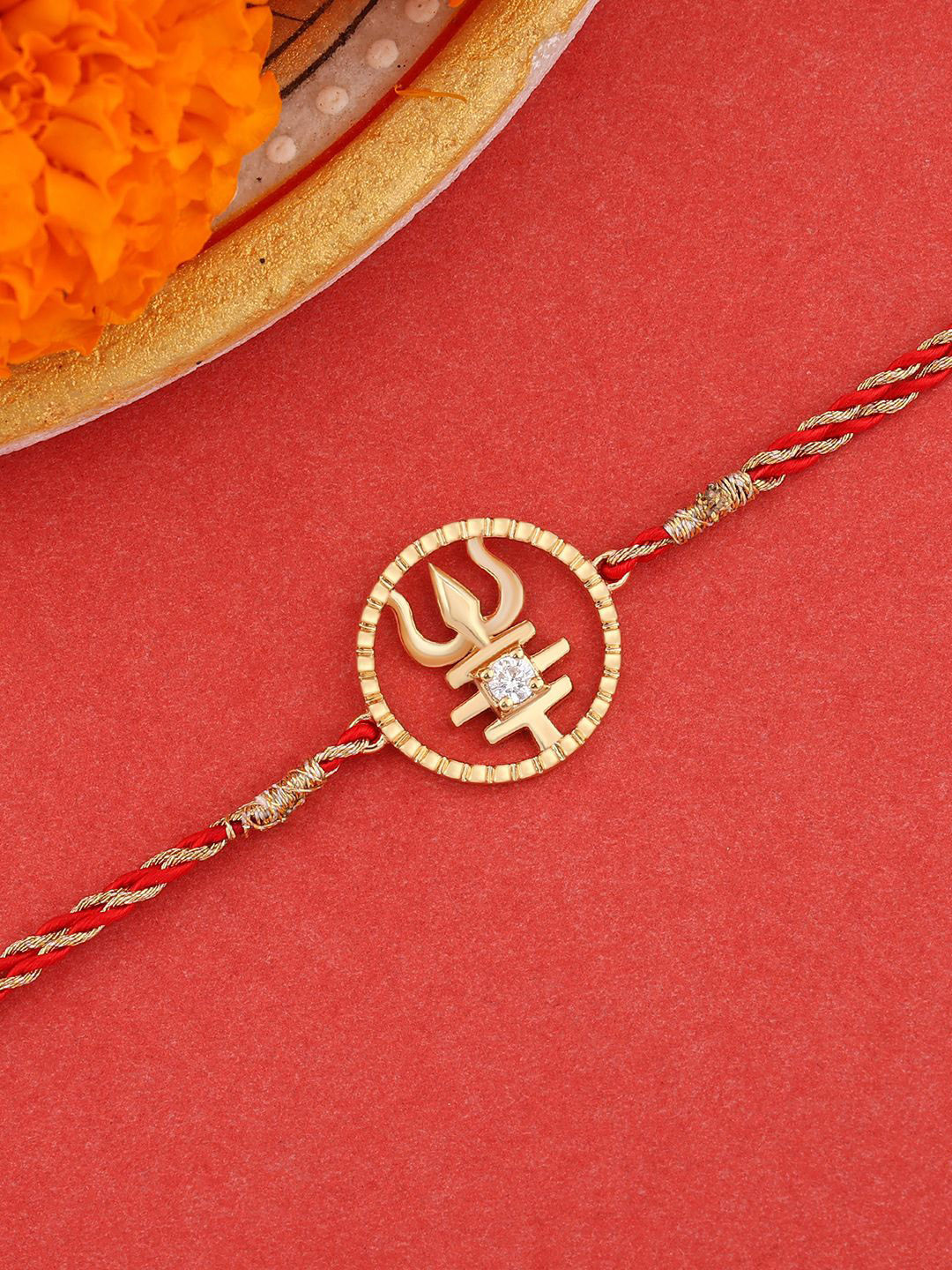 Ornate Jewels 925 Silver 18K Gold Plated American Diamond Trishul Chram Thread Rakhi