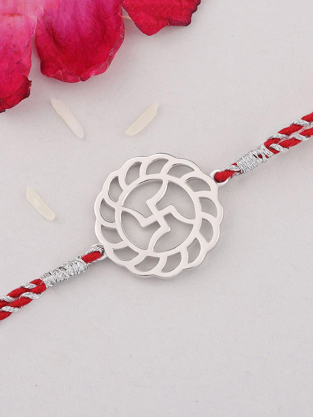 Ornate Jewels 925 Silver Swastik Charm Thread Rakhi With Roli Chawal & Greeting Card