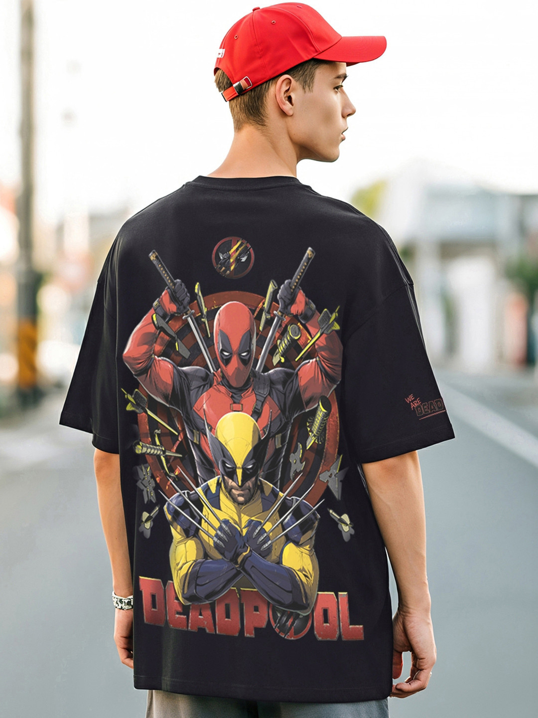Bewakoof Official Men Marvel Deadpool Duo Graphic Printed Cotton Oversized T-shirt