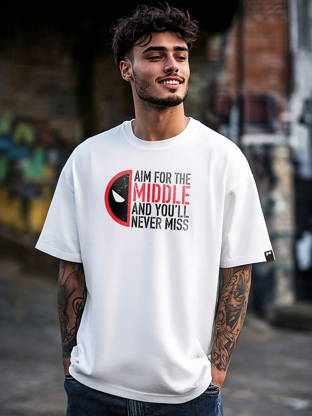 Bewakoof Official Men Marvel Aim For Middle Graphic Printed Cotton Oversized T-shirt