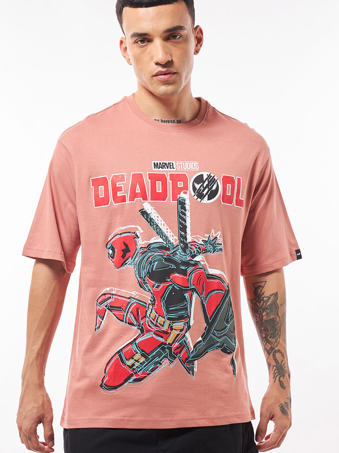 Bewakoof Official Men Marvel Dawn Deadpool Graphic Printed Cotton Oversized T-shirt