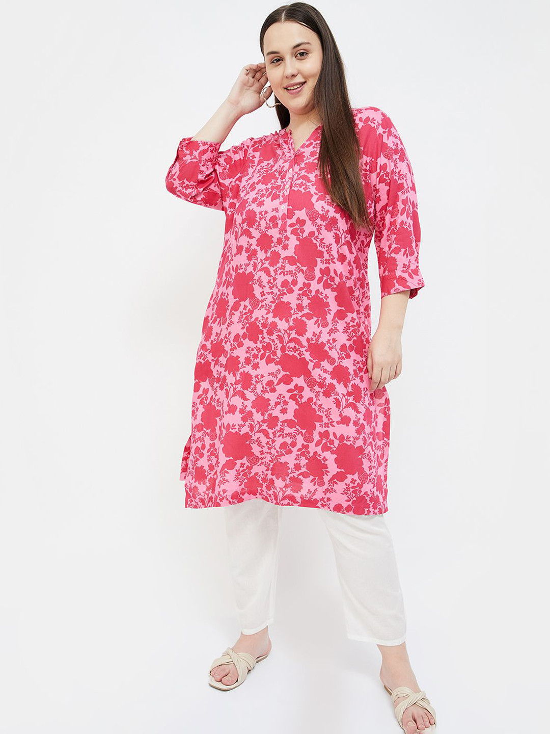 Moiree by Lifestyle Plus Size Floral Printed Band Collar Straight Kurta