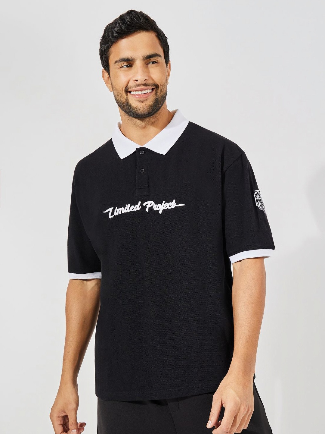 Styli Men Premium Heavy Pique Knit Printed Cotton Oversized Polo T-shirt