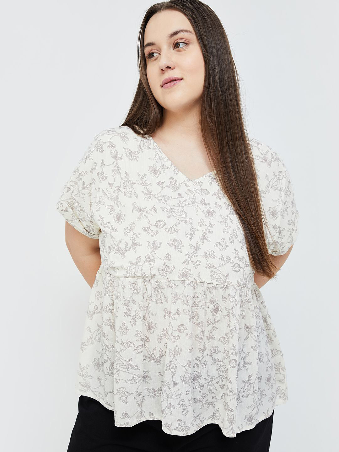 Nexus by Lifestyle Women Floral Print Extended Sleeves Off-White Plus Size Top