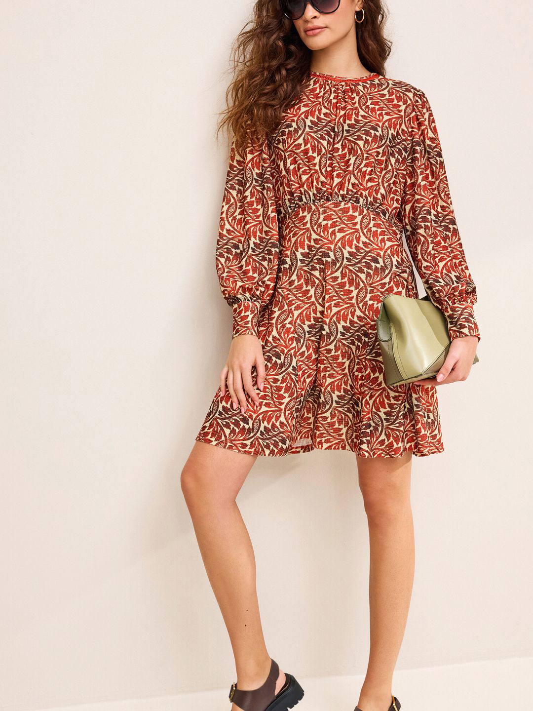 NEXT Floral Printed Cuffed Sleeves Gathered Detail A-Line Dress