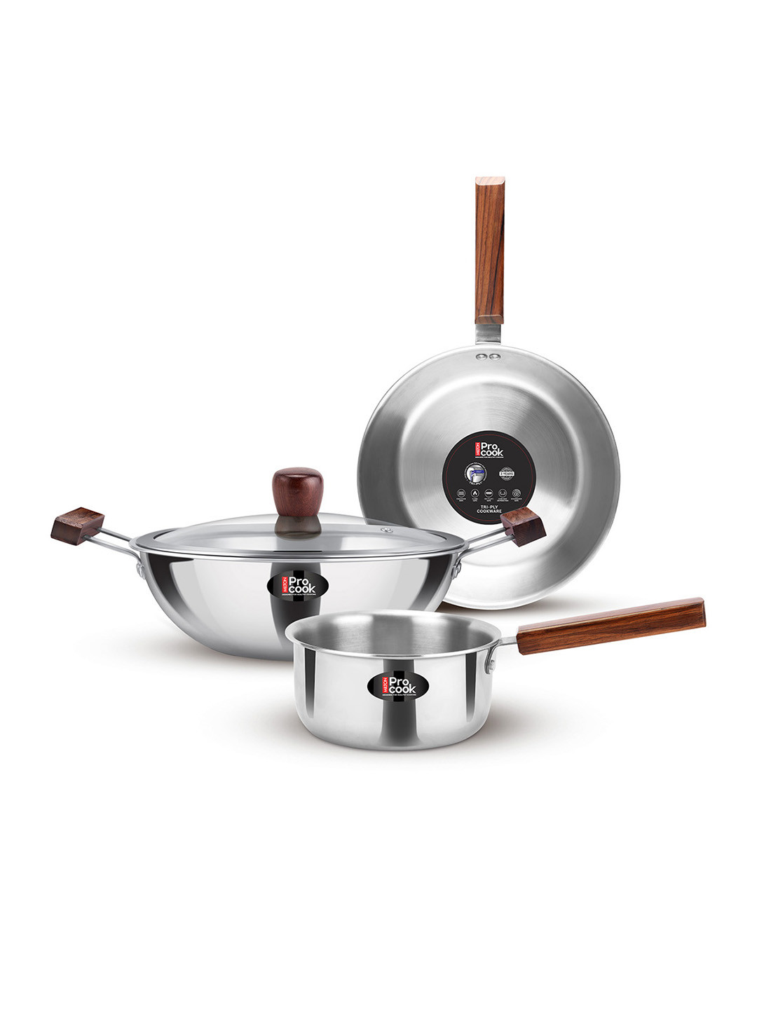 Milton Triply Stainless Steel 4pc with Wooden Handle Saucepan Fry Pan Kadhai & Lid
