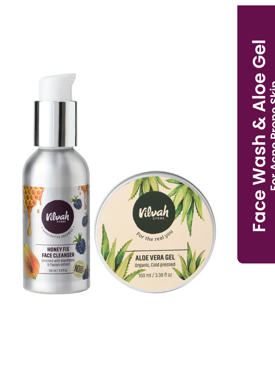 Vilvah Store Set of Organic Cold-Pressed Aloevera Gel 100g + Honeyfix Face Cleanser 100ml