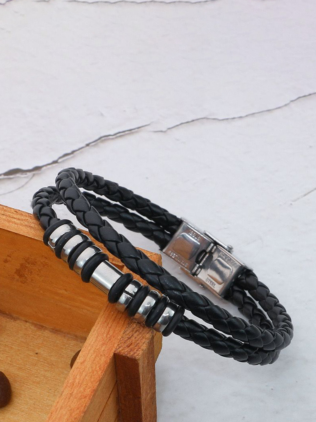 MYKI Men Smart Beaded Leather Cuff Bracelet