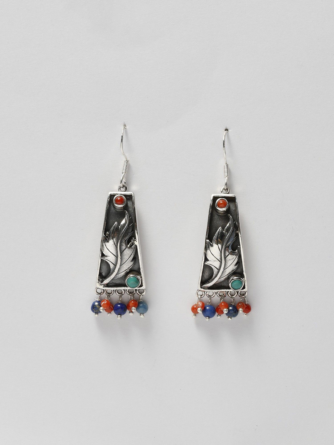 Exotic India Coral, Tibetan Turquoise & Lapis Lazuli Sterling Silver Leaf Design Earrings