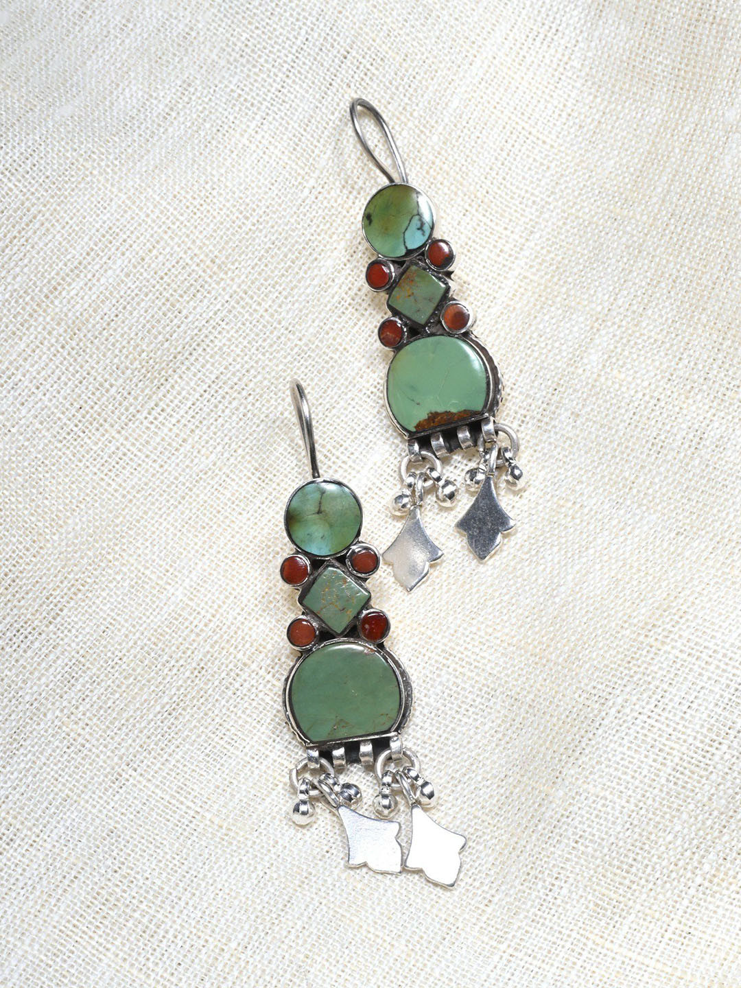 Exotic India Tibetan Turquoise and Coral Sterling Silver Hook Earrings