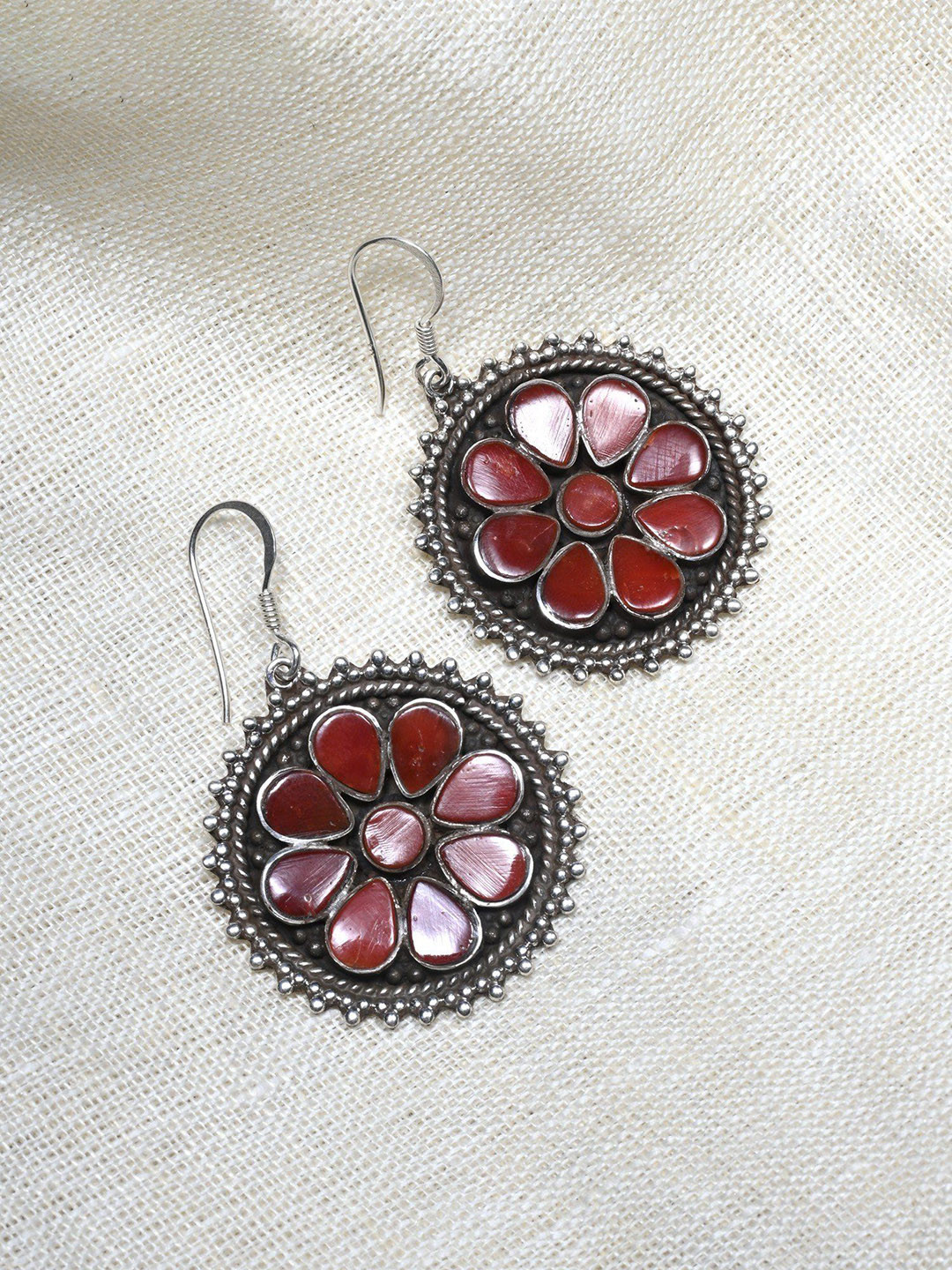 Exotic India Coral Gemstone Round Shape Sterling Silver Hook Earrings