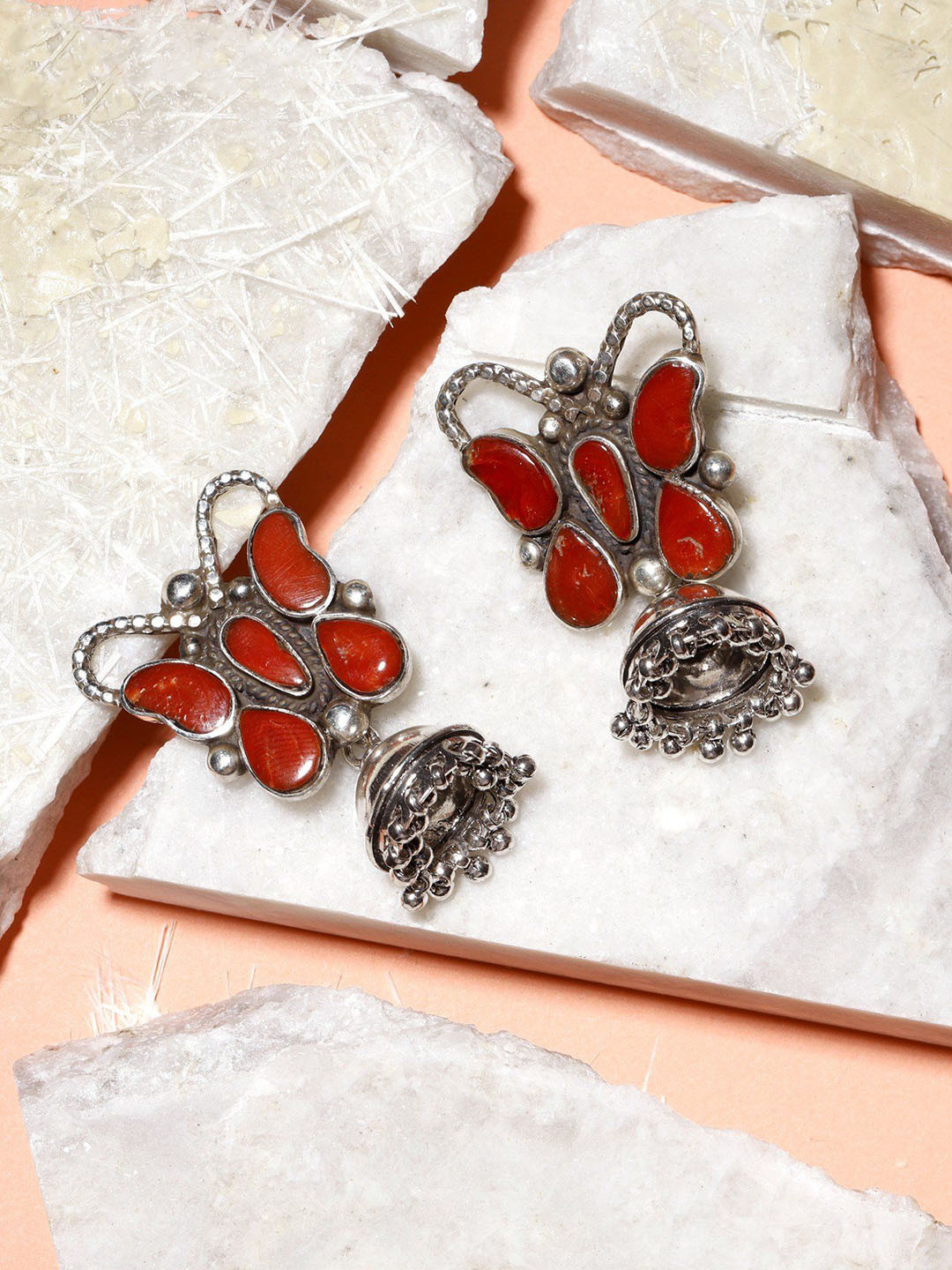 Exotic India Coral Sterling Silver Butterfly Design Sterling Silver Jhumki Earrings