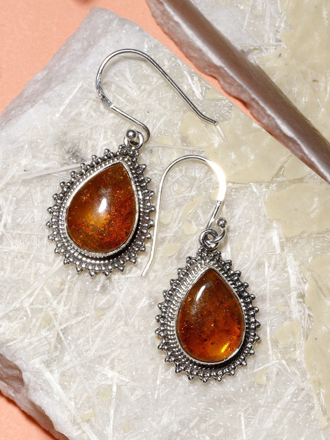 Exotic India Cabochon Amber Teardrop Shaped Sterling Silver Earrings