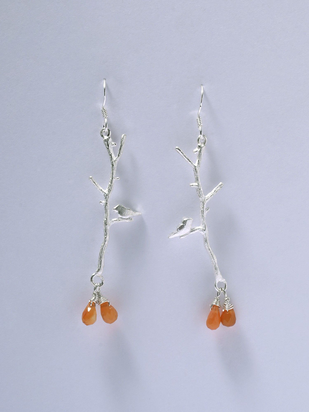 Exotic India Faceted Carnelian Birds on Tree Branch Sterling Silver Earrings