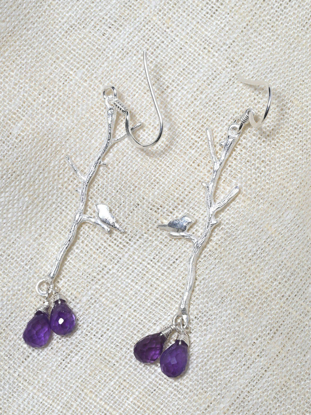 Exotic India Faceted Amethyst Stone Sterling Silver Birds on Tree Branch Earrings