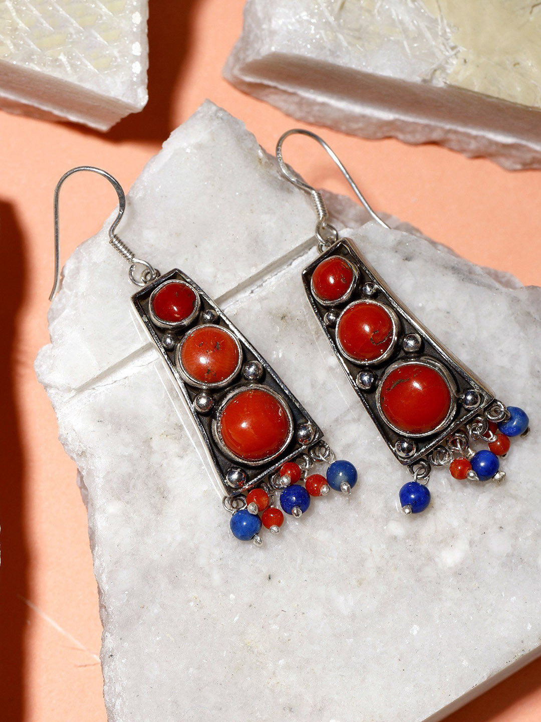 Exotic India Coral Gemstone Sterling Silver Earrings