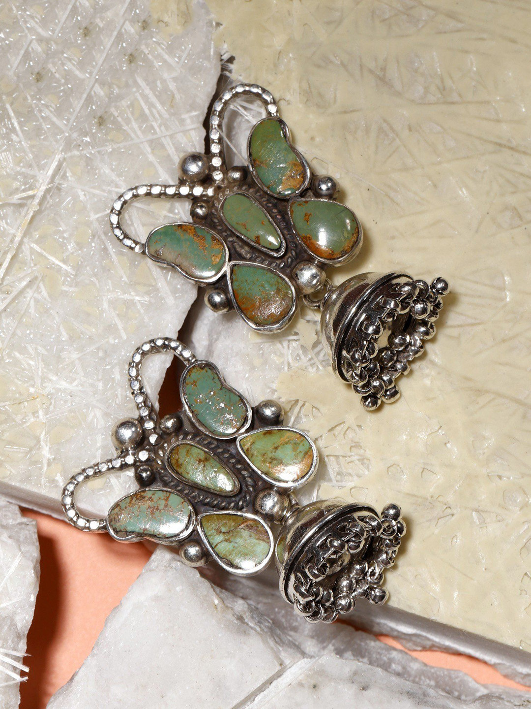 Exotic India Tibetan Turquoise Sterling Silver Butterfly Design Jhumki Earrings