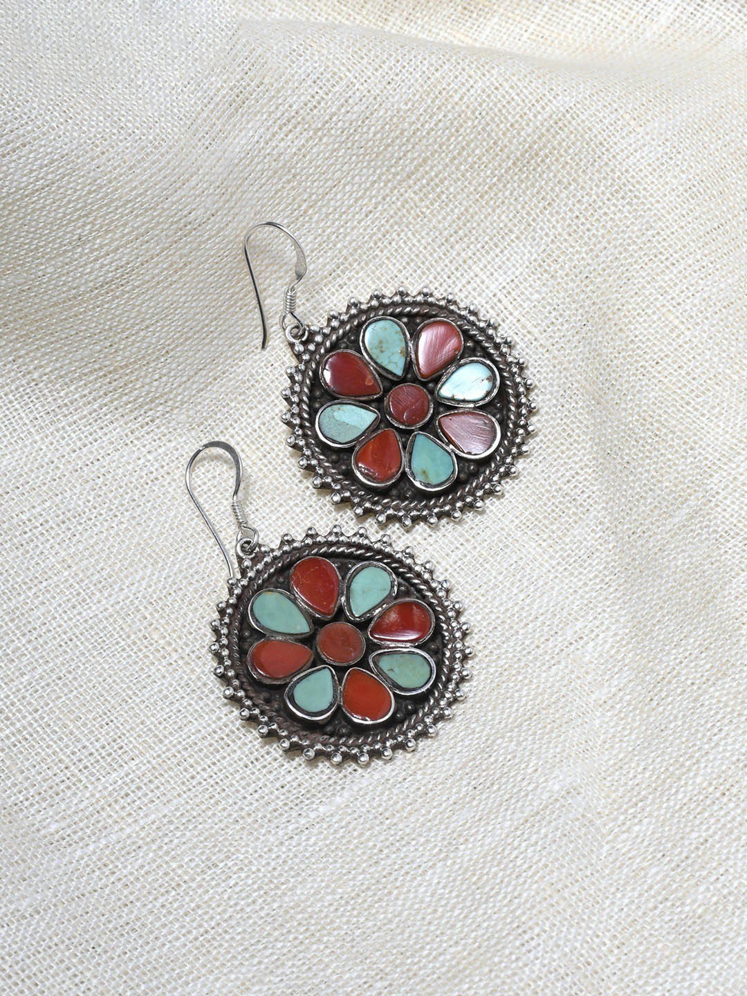Exotic India Coral and Tibetan Turquoise Round Sterling Silver Hook Earrings