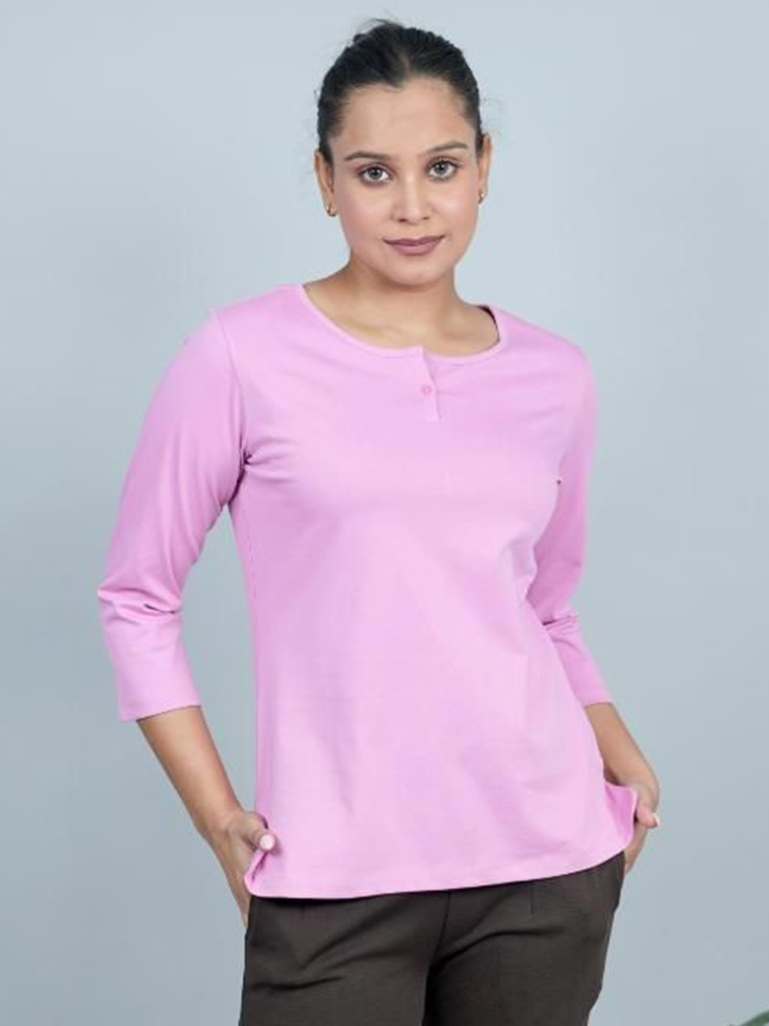 Mlada Women Henley Neck Drop-Shoulder Sleeves Raw Edge T-shirt