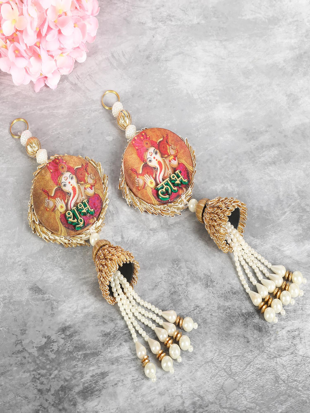 THE HOME CO. Gold Toned & Red 2 Pieces Ganesh Textured Hangings Festive Decor