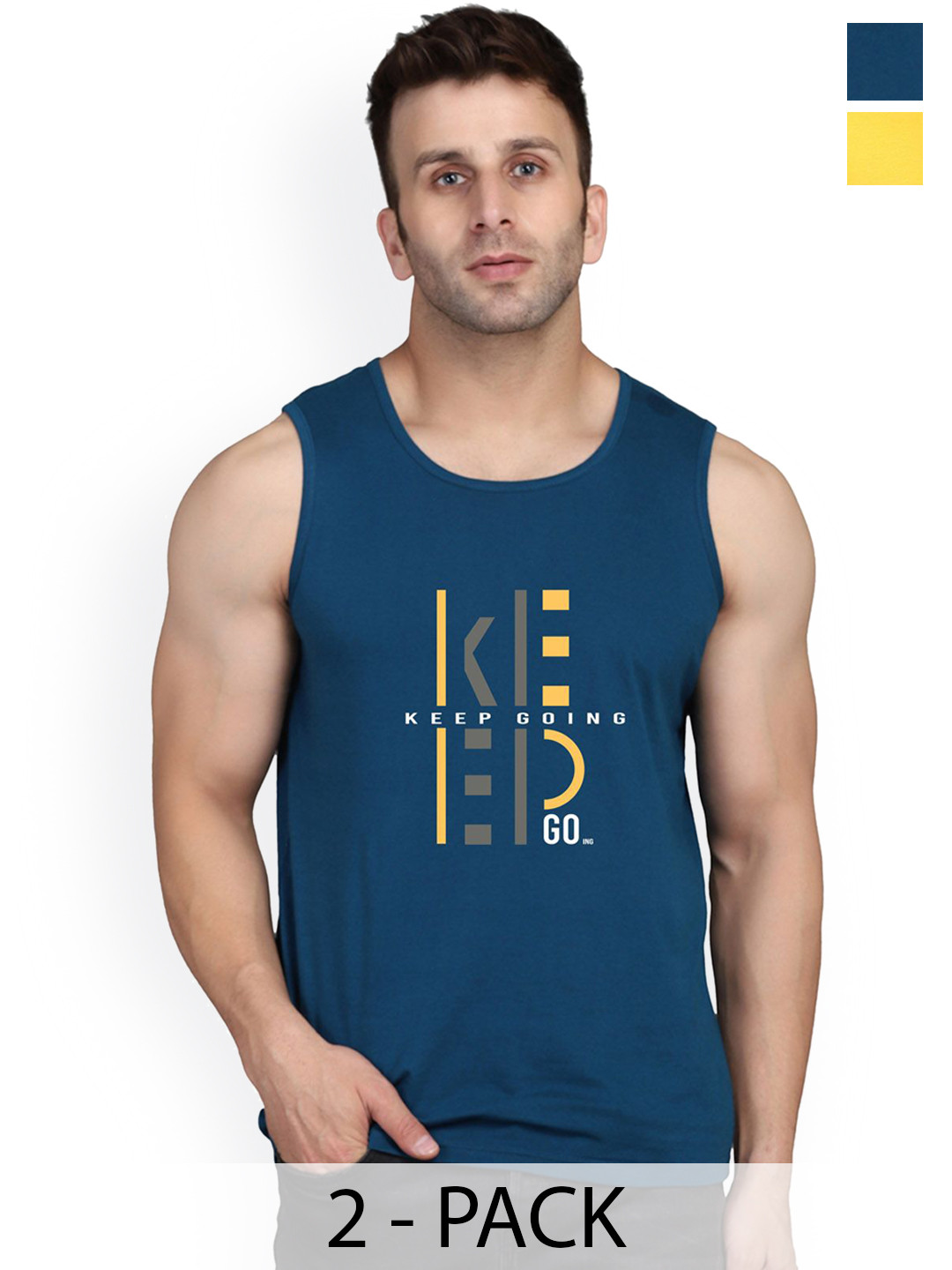 SLOWLORIS Pack Of 2 Printed Cotton Gym Vests-SL26 COMBO (LOUD YELLOW) (KEEP PEACOCK)