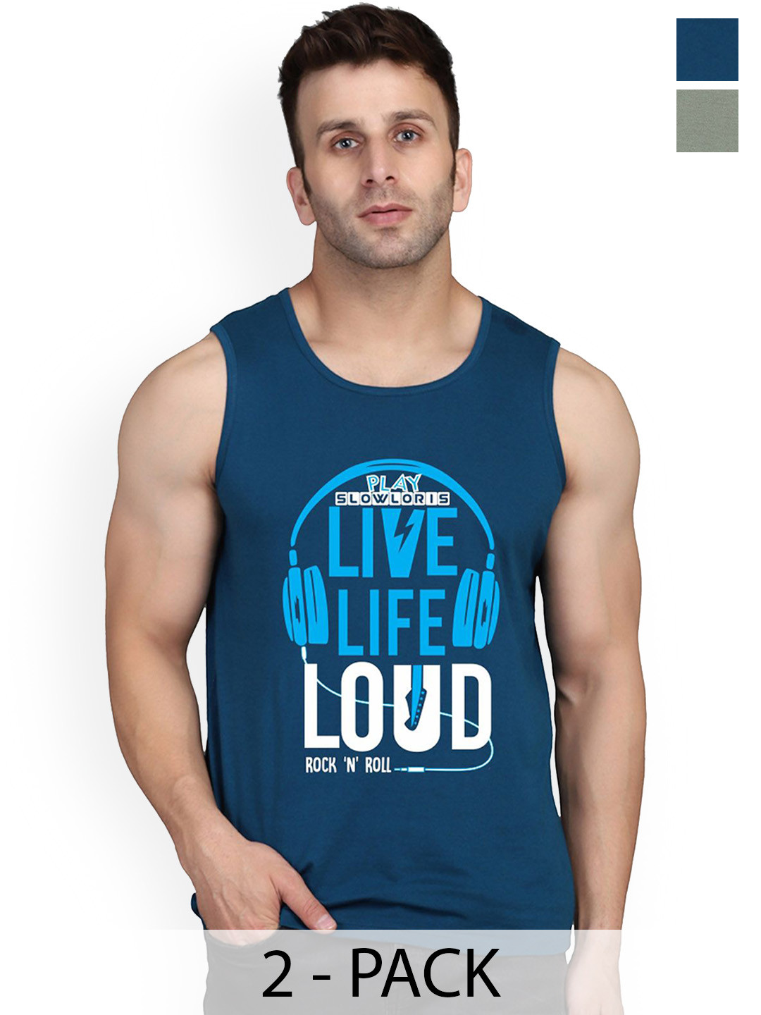 SLOWLORIS Pack Of 2 Printed Cotton Gym Vests-SL26 COMBO (LOUD PEACOCK) (KEEP LGTGREEN)