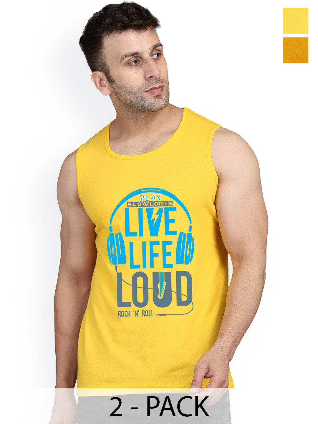 SLOWLORIS Pack Of 2 Printed Cotton Gym Vests-SL26 COMBO (LOUD YELLOW) (KEEP MUSTARD)