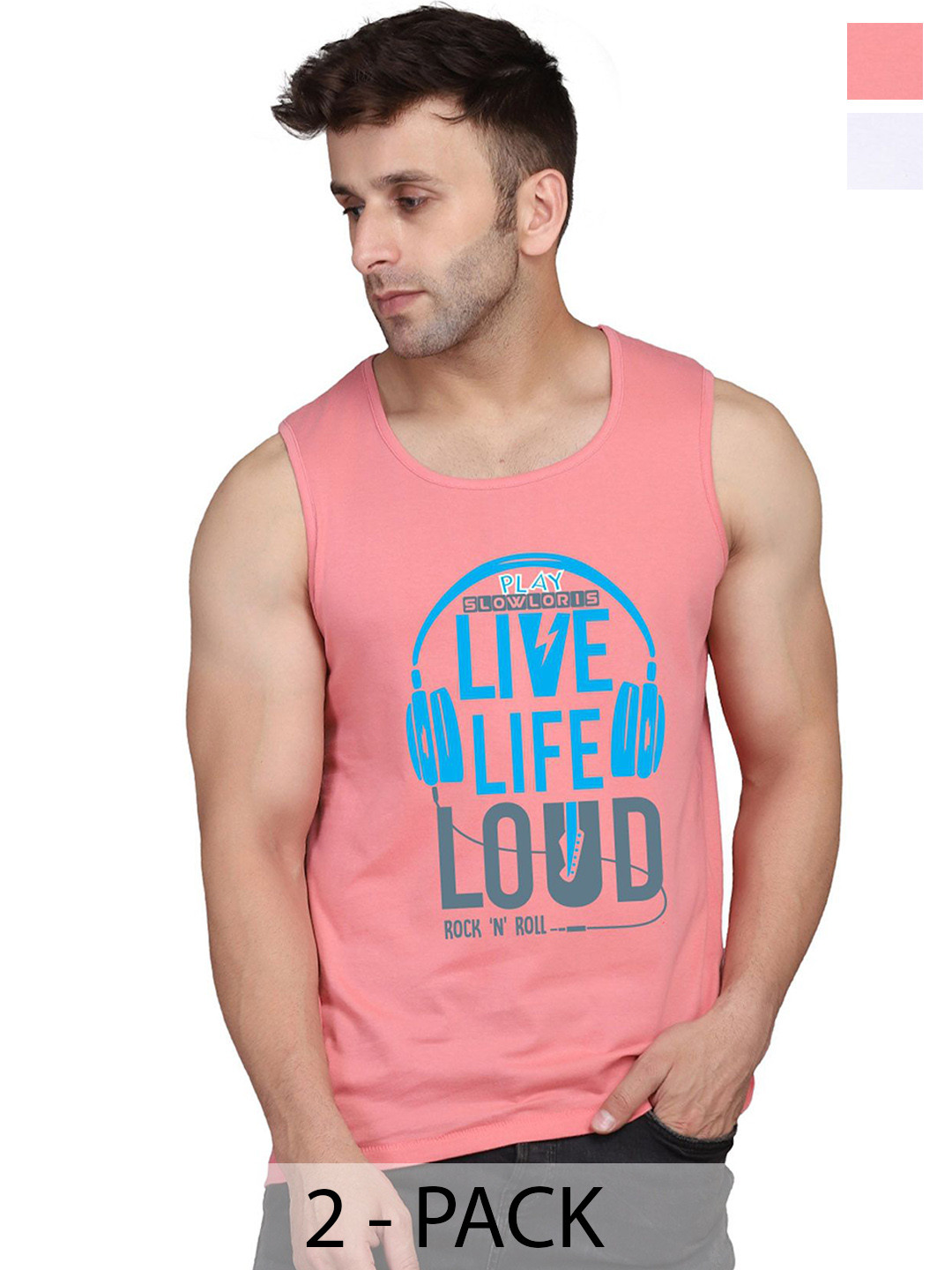 SLOWLORIS Pack Of 2 Printed Cotton Gym Vests-SL26 COMBO (LOUD PEACH) (KEEP WHITE)