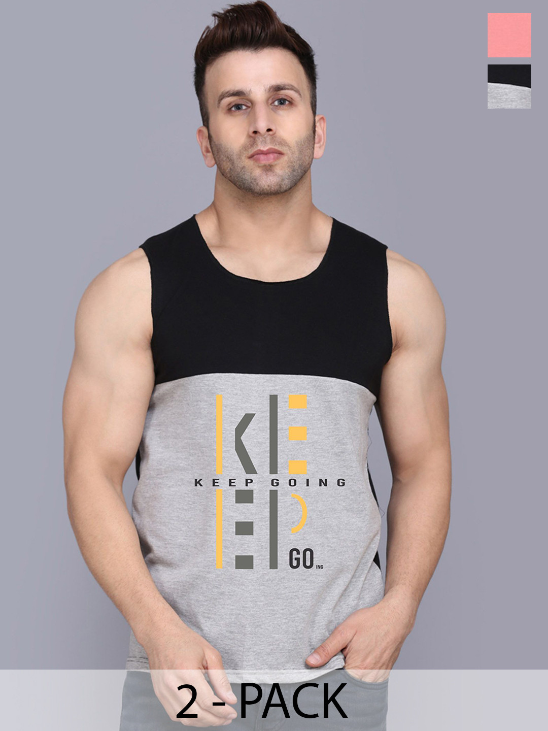 SLOWLORIS Pack Of 2 Printed Cotton Gym Vests-SL26 COMBO (LOUD PEACH) (KEEP BLKGRY)