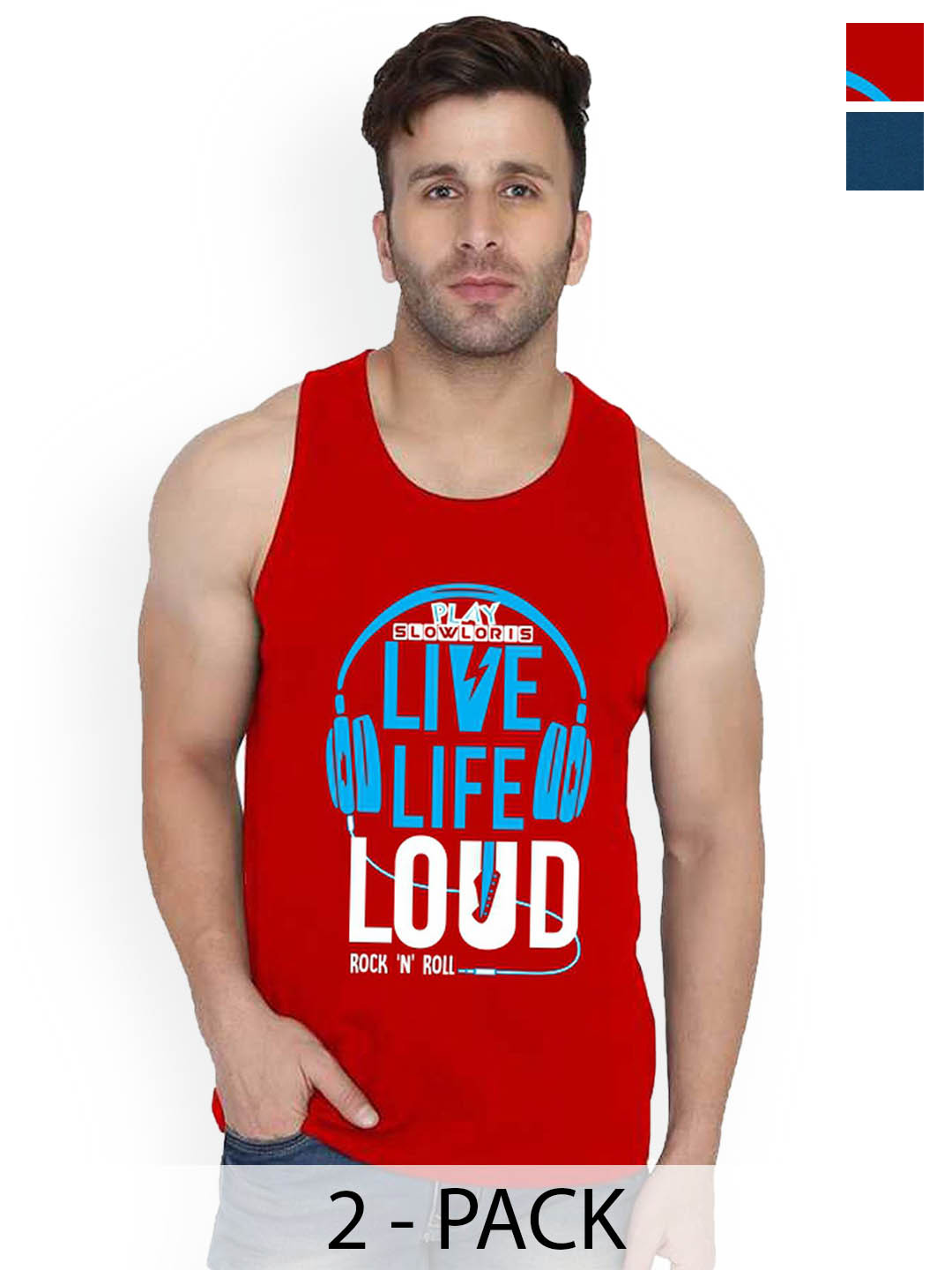 SLOWLORIS Pack Of 2 Printed Cotton Gym Vests-SL26 COMBO (LOUD RED) (KEEP PEACOCK)