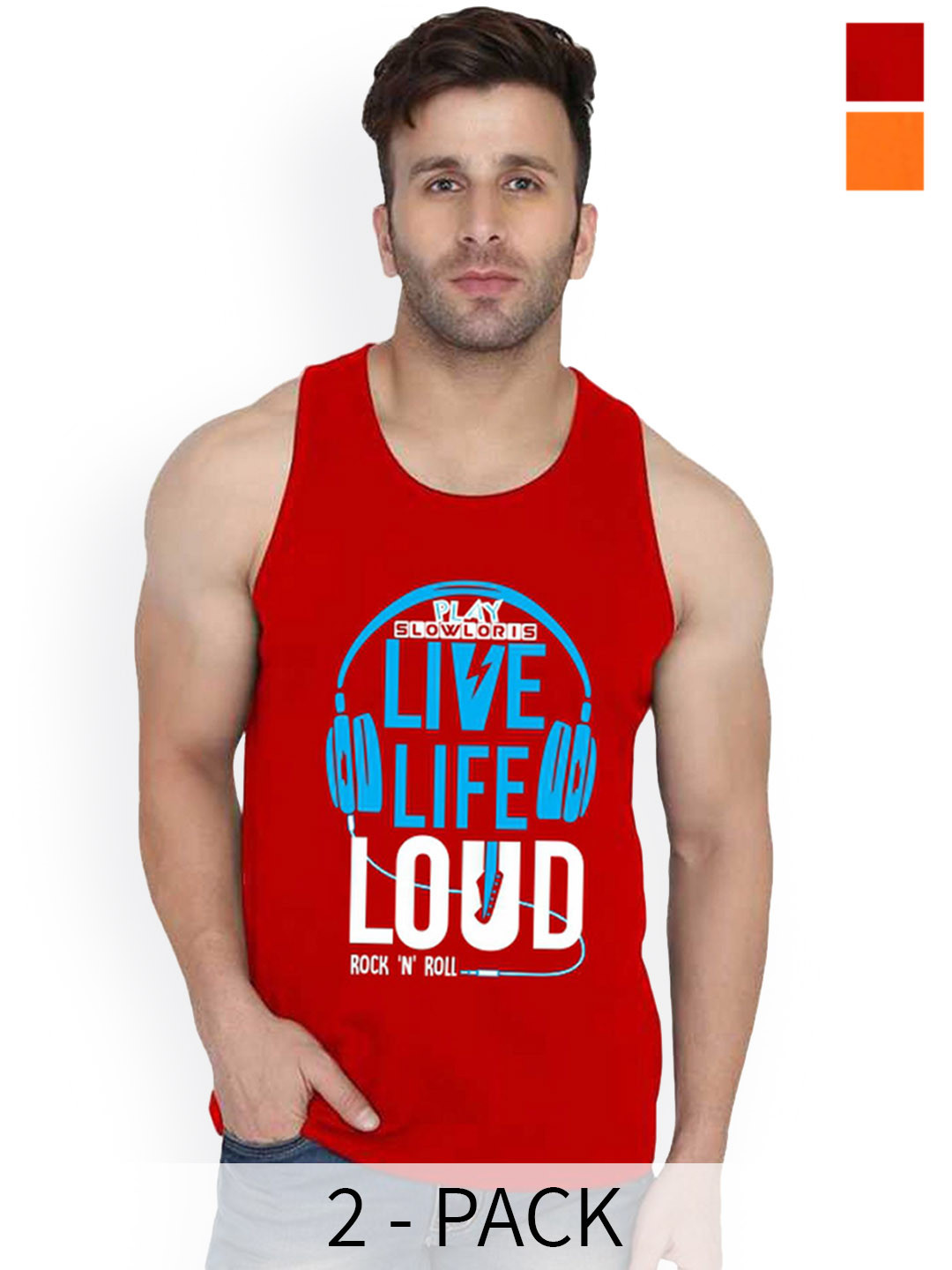 SLOWLORIS Pack Of 2 Printed Innerwear Vests SL26 COMBO (LOUD RED) (KEEP ORANGE)