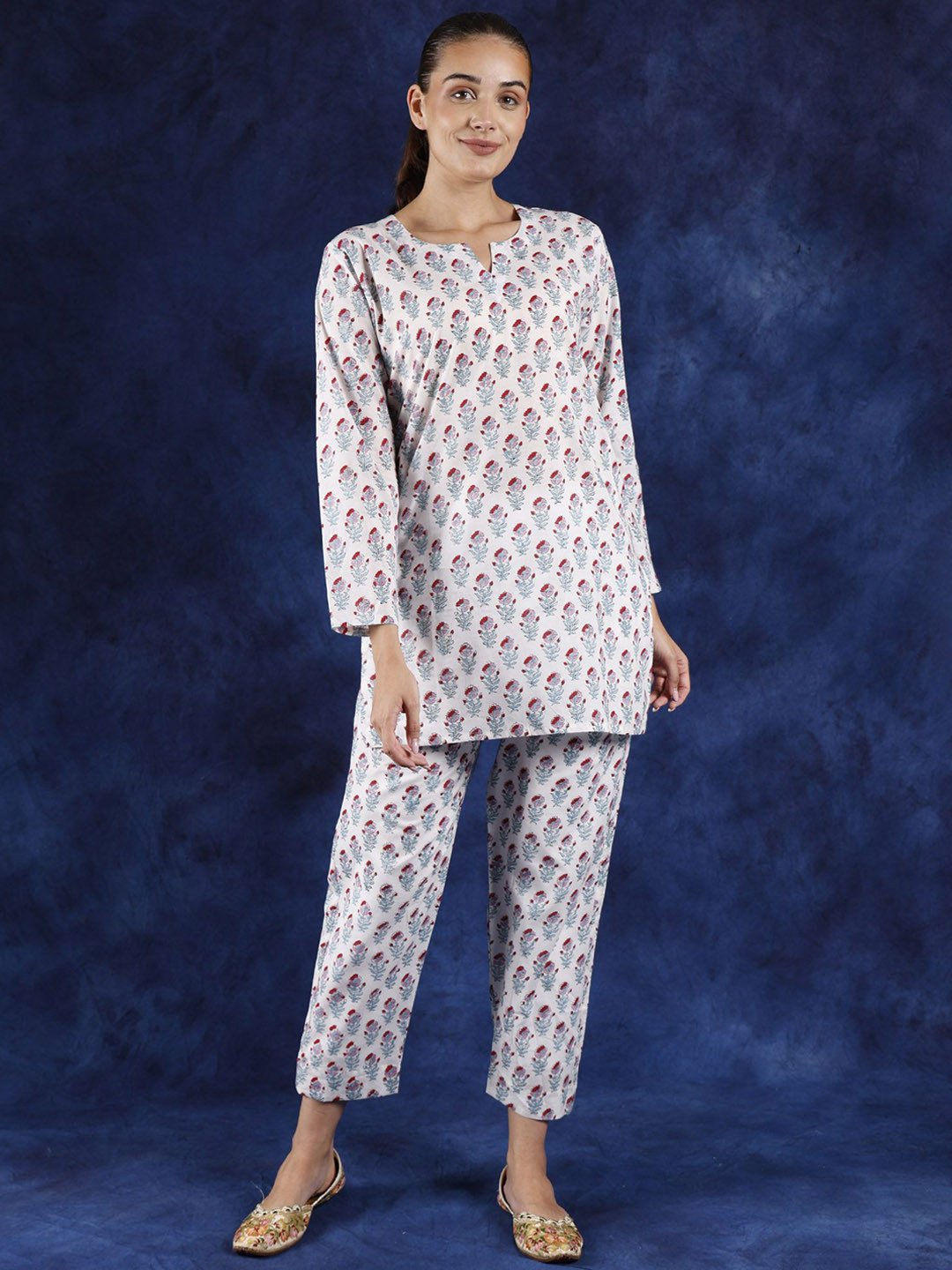 Exotic India Ethnic Motifs Printed Pure Cotton Top With Trousers