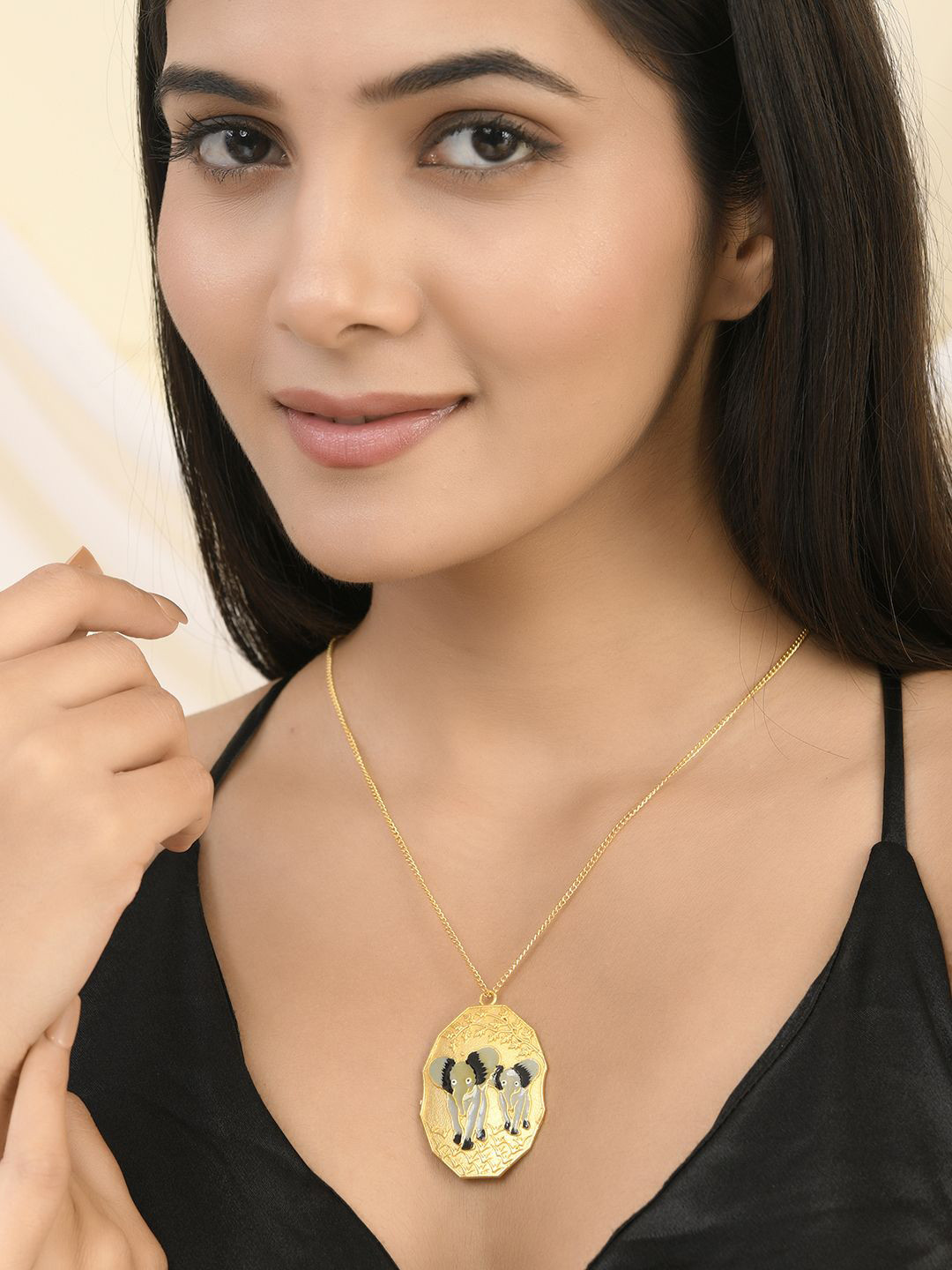 Silvermerc Designs Gold-Plated Elephant Printed Circular Pendant