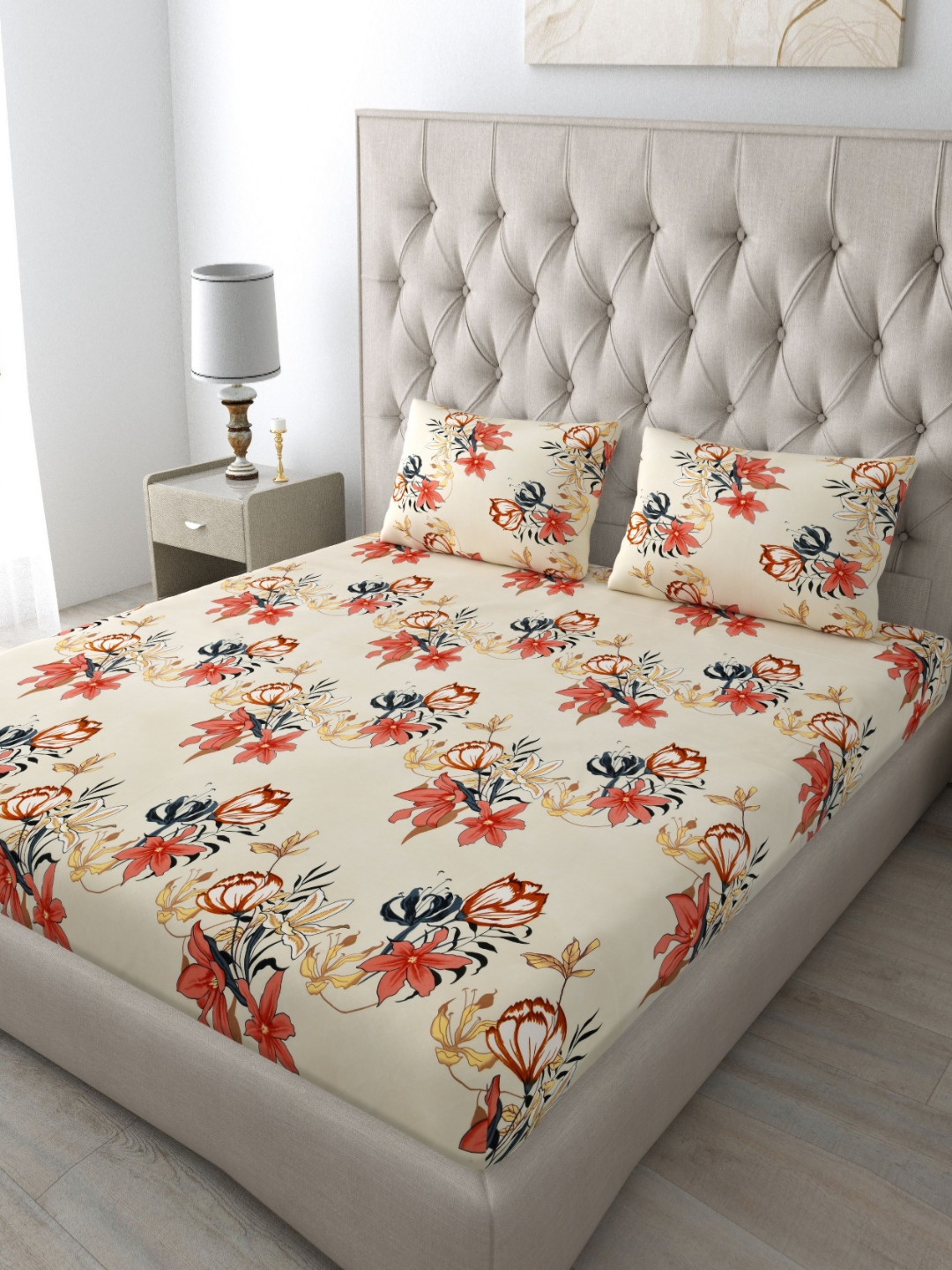 Aura Handloom Cream Floral Microfiber 250 TC Queen Fine Bedsheet with 2 Pillow Covers-90 x 100 inches